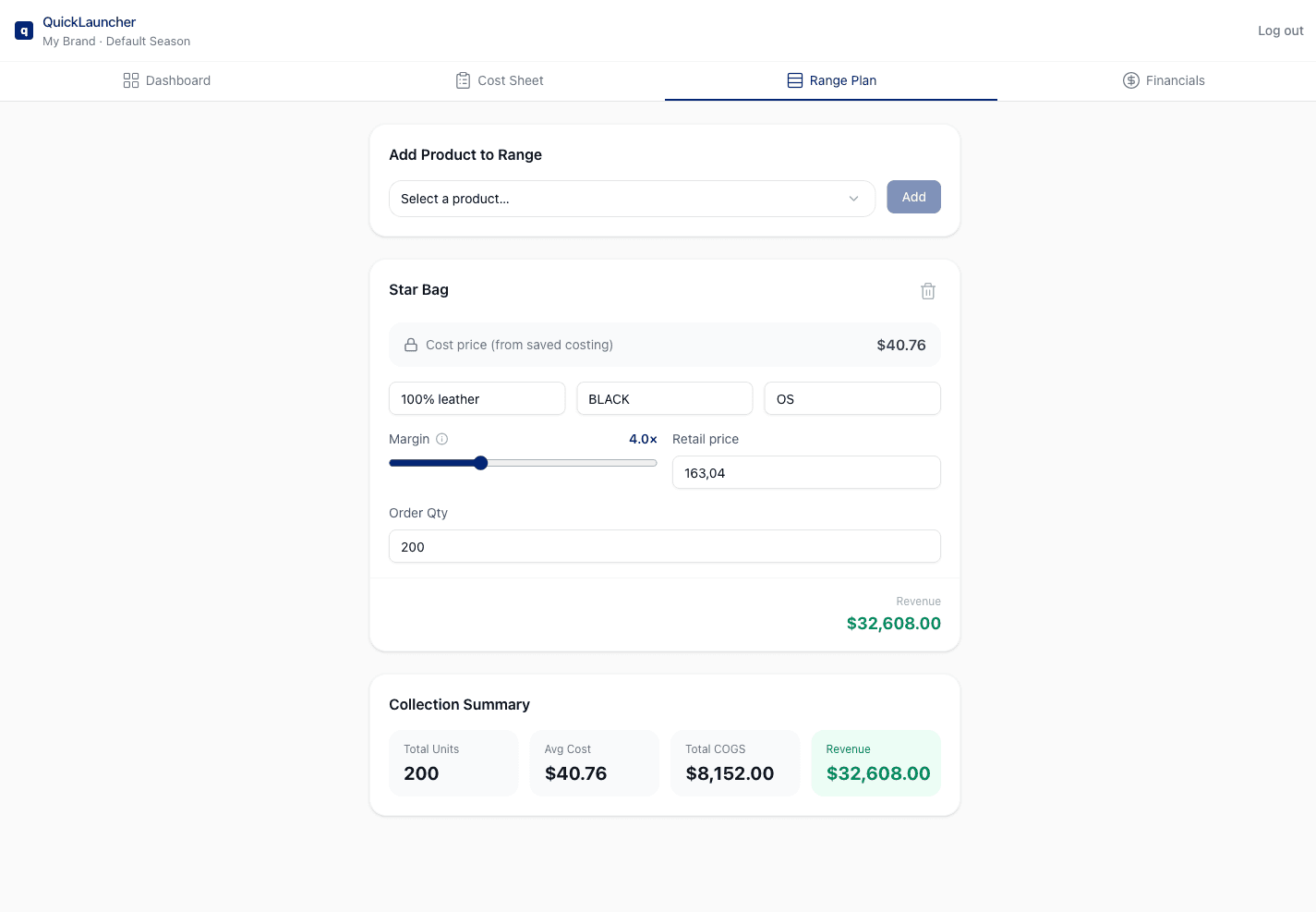 QuickLauncher Range Plan view with a product card and summary