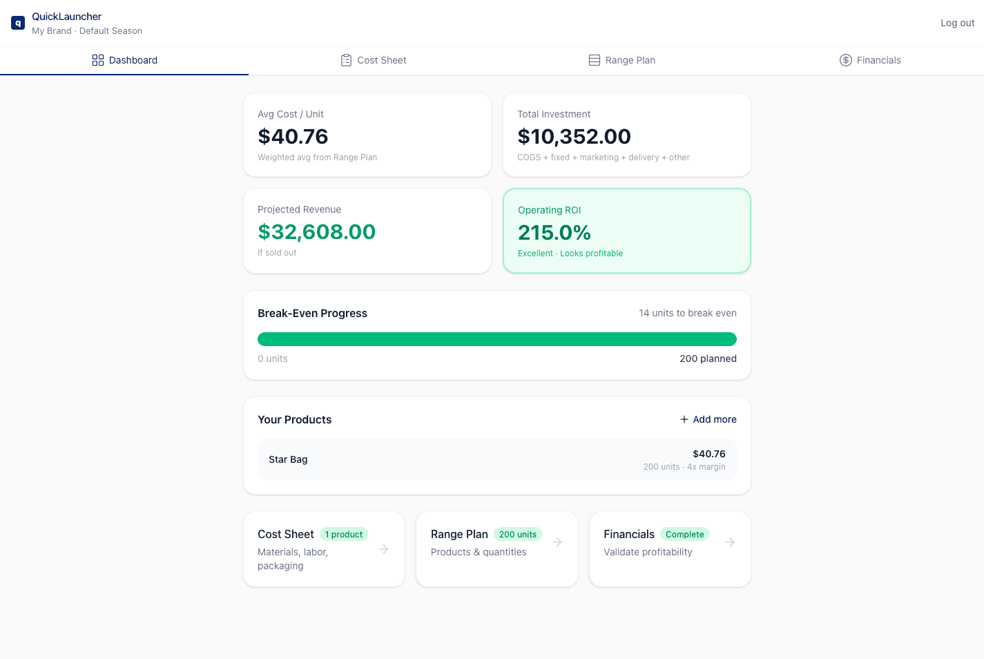 QuickLauncher Dashboard with full-data hero metrics and Business Health card